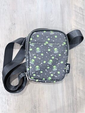 Small Black Crossbody Bag with Green Alien Print